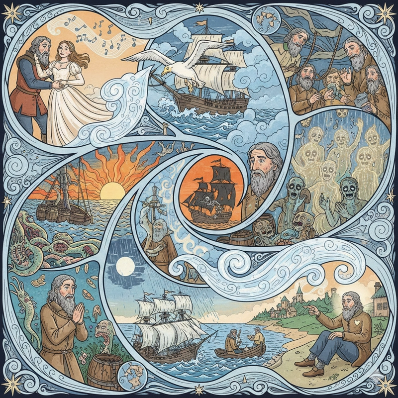A circular mural depicting scenes from the Rime of the Ancient Mariner, showing a ship, an albatross, and spirits.